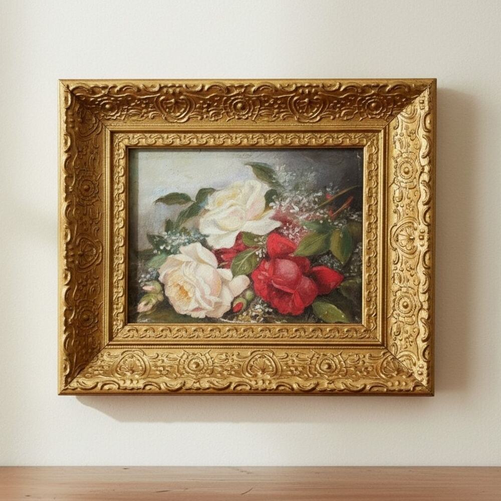 Antique Victorian Roses Still Life Oil Painting Ornate Gold Gilt Frame 18"x15"